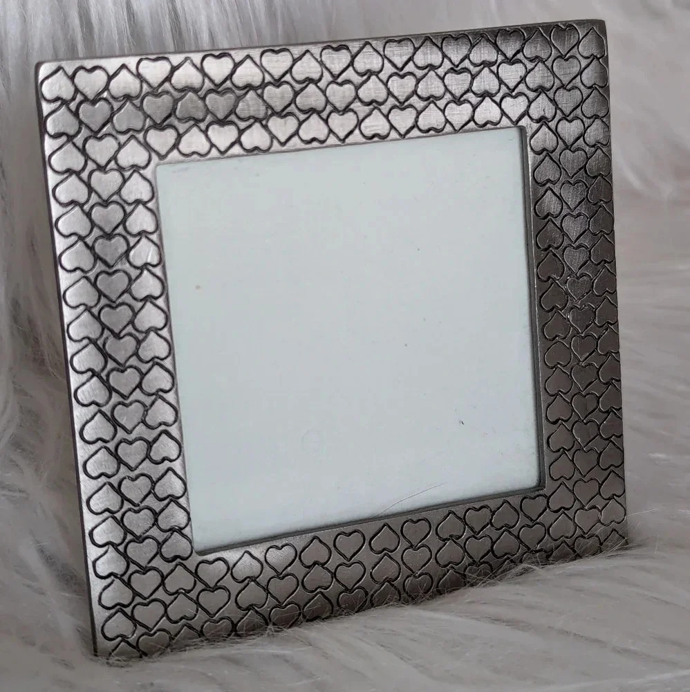 90s Square Picture Frame- Hearts Pattern- Engraved- Heavy silver metal- 3"photos
